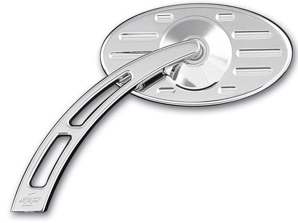 Chrome billet aluminum motorcycle mirror, Pro-Street oval ball-milled head with teardrop cut-out stem (Left #102630)