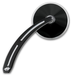 Pro-One black billet aluminum motorcycle mirror, 3" round head, 6" x 4.5" teardrop ball-milled stem, part #102650B/102660B