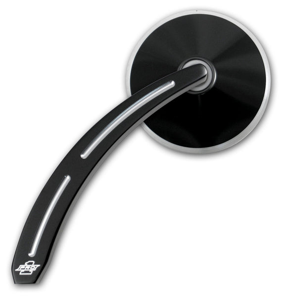 Pro-One black billet aluminum motorcycle mirror, 3" round head, 6" x 4.5" teardrop ball-milled stem, part #102650B/102660B