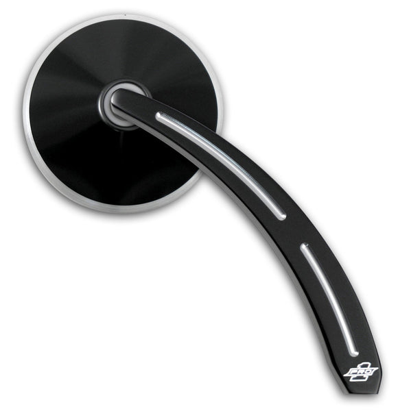 Black round motorcycle mirror with curved arm and silver inlay, Pro logo