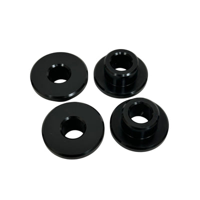 Black anodized CNC‑machined billet aluminum riser bushing kit, 4‑piece solid mount for M8 Softail & Touring models, reduces handlebar slop