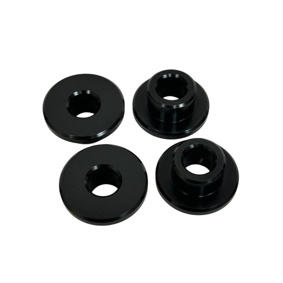 Black anodized CNC‑machined billet aluminum riser bushing kit, 4‑piece solid mount for M8 Softail & Touring models, reduces handlebar slop