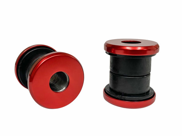 Polyurethane handlebar riser bushings with red anodized billet caps, part #103070R, fits Harley FX/FXR/FXD/XL