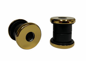 Polyurethane handlebar riser damper kit 103070TIN with gold titanium-nitride billet caps and black bushings, front and side view