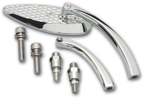 Chrome Pro-Mini milled motorcycle mirror (Part 103120) with long and short stems and mounting adapters, fits left or right on Harley‑Davidson and metric cruisers.