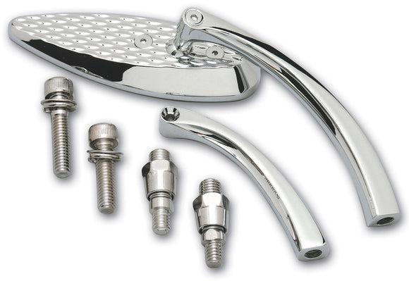 Chrome Pro-Mini milled motorcycle mirror (Part 103120) with long and short stems and mounting adapters, fits left or right on Harley‑Davidson and metric cruisers.