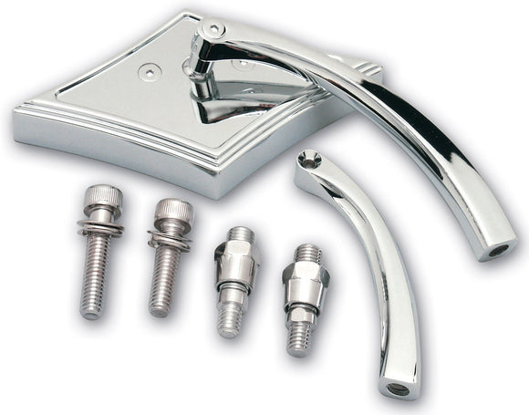 Chrome Pro-Mini diamond-style motorcycle mirror with long and short curved stems, mounting bolts and 10mm-1.25 metric adapters for Harley‑Davidson and metric cruisers