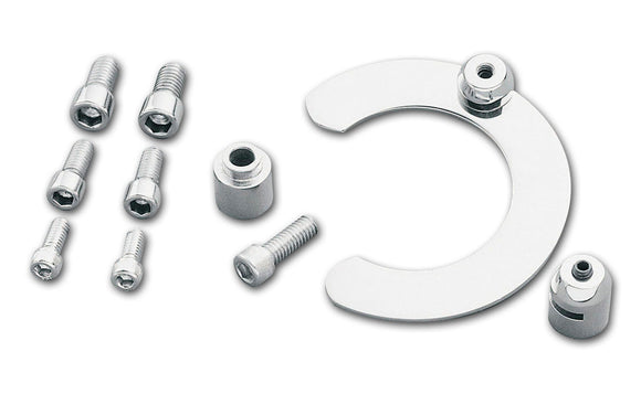 Polished stainless steel universal fork stop system for Harley-Davidson with crescent ring plate, bolts and spacers