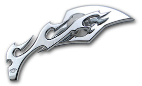 Left large chrome billet aluminum motorcycle mirror with flame design, polished finish, fits Harley-Davidson & metric cruisers