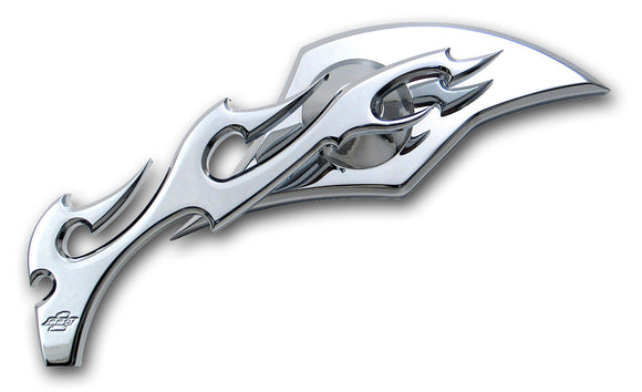 Left large chrome billet aluminum motorcycle mirror with flame design, polished finish, fits Harley-Davidson & metric cruisers