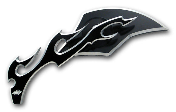 Left large flame billet aluminum motorcycle mirror, black anodized finish, fits Harley-Davidson and metric cruisers