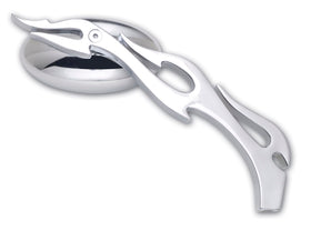 Chrome oval-head motorcycle mirror with flame stem, universal fit for Harley-Davidson and metric cruisers, part #104300
