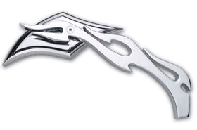 Chrome right-side scimitar head motorcycle mirror with flame stem, fits Harley-Davidson and metric cruisers, part #104320