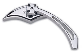Chrome scimitar head right-side motorcycle mirror with iron cross stem, fits Harley-Davidson & metric cruisers, part #104350