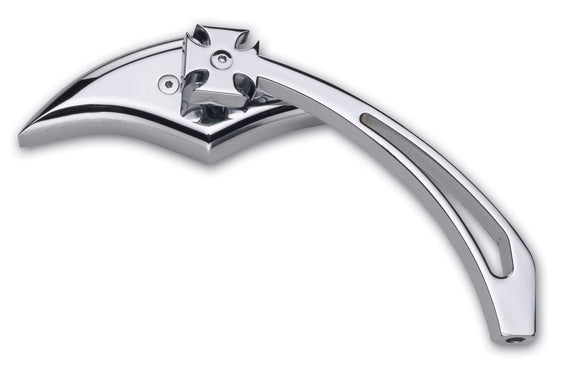 Chrome scimitar head right-side motorcycle mirror with iron cross stem, fits Harley-Davidson & metric cruisers, part #104350
