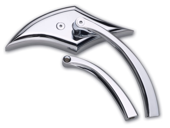 Chrome scimitar motorcycle mirror, right-side, long and short stems, fits Harley & metric cruisers, part #104400