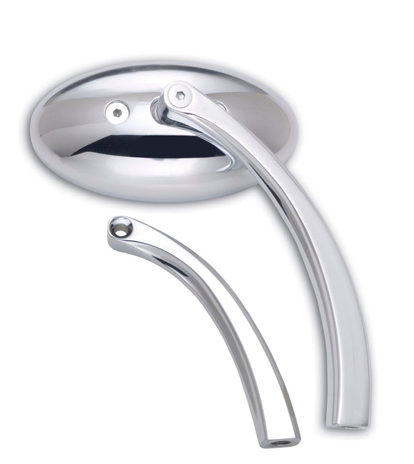 Chrome oval head motorcycle mirror with long and short stems, universal fit for Harley‑Davidson and metric cruisers, part #104410