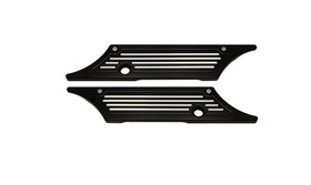 Pair of 104720B CNC-machined black anodized billet aluminum saddle bag latch covers with ball-milled silver grooves for 1993-2013 Harley-Davidson Touring models