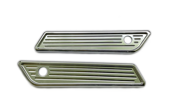 Chrome Slim Line ball-milled saddlebag latch covers (pair) with horizontal grooves and latch hole, fits Harley‑Davidson Touring 2014–2023 — Part #104722
