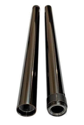 Pair of 39mm black DLC-coated motorcycle fork tubes with glossy, corrosion-resistant finish
