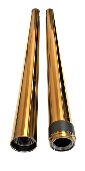 Pair of 39mm gold titanium nitride-coated motorcycle fork tubes with polished finish and threaded lower ends