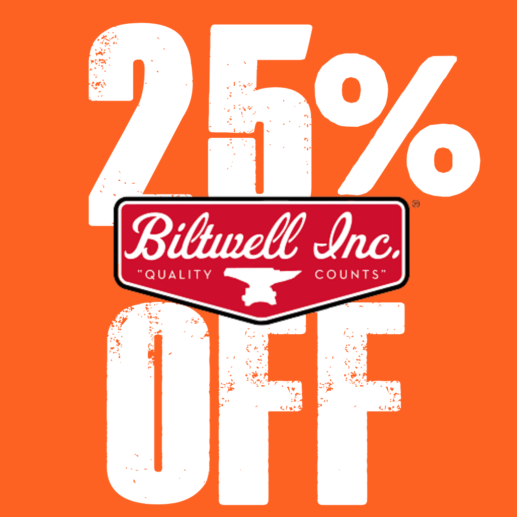 Promotional graphic with 25% off text and Biltwell Inc. logo on an orange background