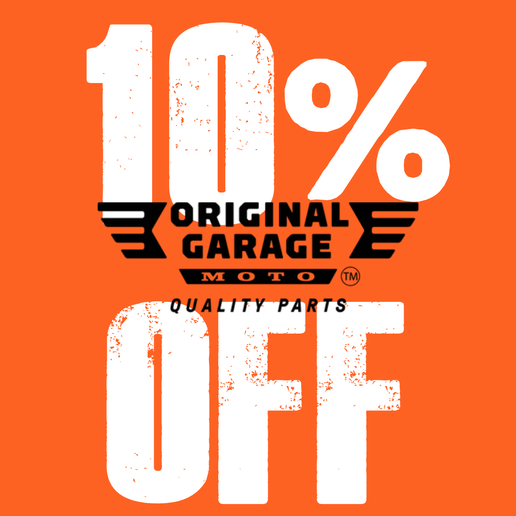 Promotional graphic with '10% off' and 'Original Garage Moto' on an orange background