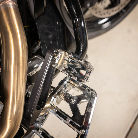 Thrashin Supply Co. Aggressor brake pedal for Harley-Davidson Touring with stainless steel cleats – chrome, black, and contrast cut options