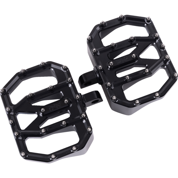 Thrashin Supply Co. Mini Aggressor Floorboards with stainless steel cone cleats on billet 6061 aluminum for Harley-Davidson Softail Dyna Touring and Sportster models