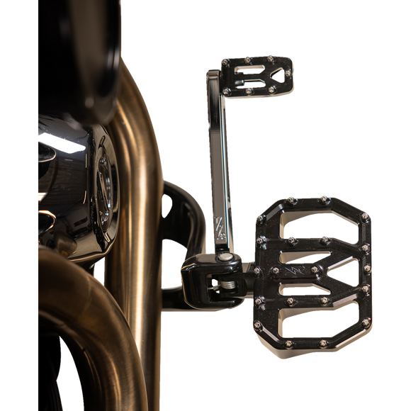Thrashin Supply Co. Mini Aggressor Floorboards with stainless steel cone cleats on billet 6061 aluminum for Harley-Davidson Softail Dyna Touring and Sportster models