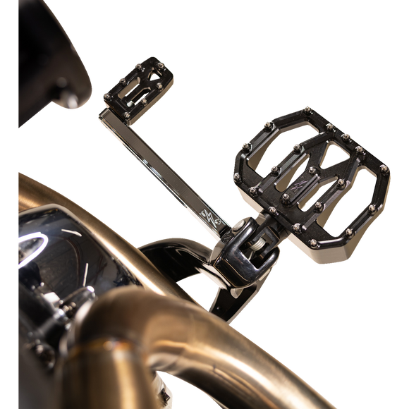 Thrashin Supply Co. Mini Aggressor Floorboards with stainless steel cone cleats on billet 6061 aluminum for Harley-Davidson Softail Dyna Touring and Sportster models