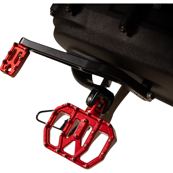 Thrashin Supply Co. Mini Aggressor Floorboards with stainless steel cone cleats on billet 6061 aluminum for Harley-Davidson Softail Dyna Touring and Sportster models