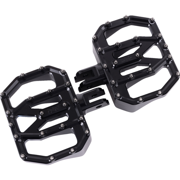 Thrashin Supply Co. Mini Aggressor Floorboards with stainless steel cone cleats on billet 6061 aluminum for Harley-Davidson Softail Dyna Touring and Sportster models