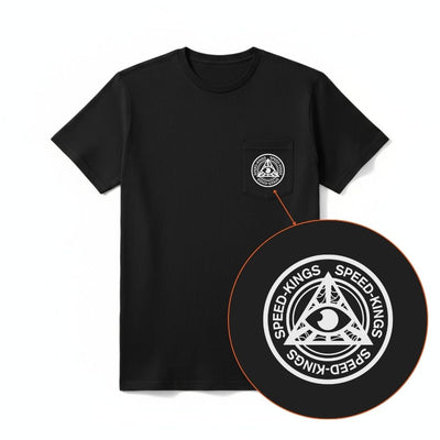 Black t-shirt with a circular logo on a white background