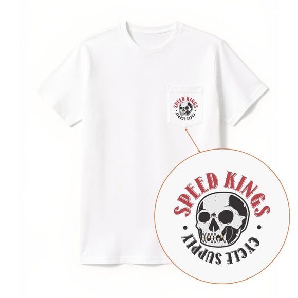 White t-shirt with 'Speed Kings Cycle Supply' logo on a white background