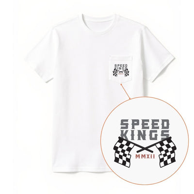 White t-shirt with 'Speed Kings' graphic design on a white background