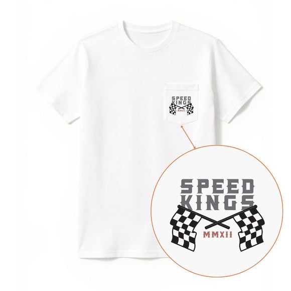 White t-shirt with 'Speed Kings' graphic design on a white background