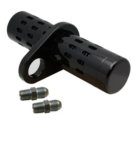 201040B black billet aluminum oil cooler with universal clamp, no gauge, two AN-style fittings, fits 1-1/2-inch Harley-Davidson frame