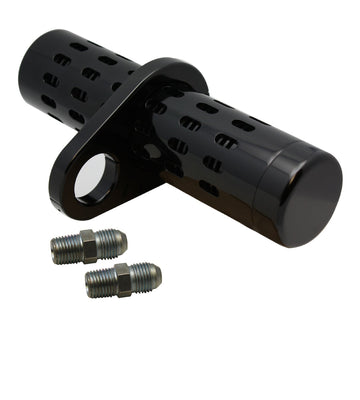 201040B black billet aluminum oil cooler with universal clamp, no gauge, two AN-style fittings, fits 1-1/2-inch Harley-Davidson frame