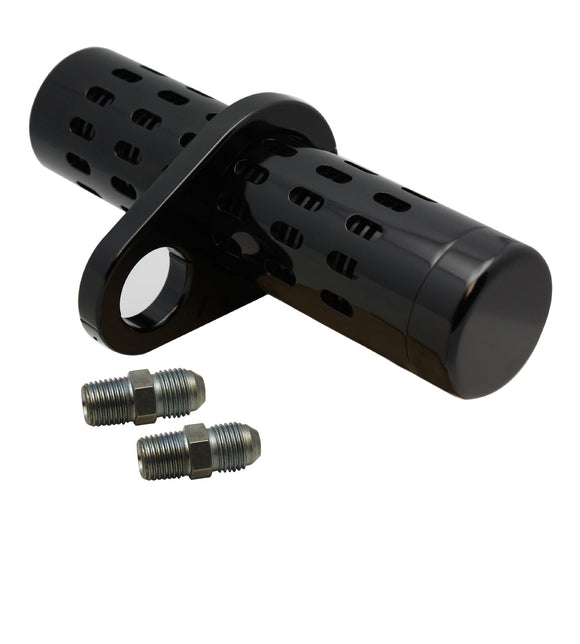 201040B black billet aluminum oil cooler with universal clamp, no gauge, two AN-style fittings, fits 1-1/2-inch Harley-Davidson frame