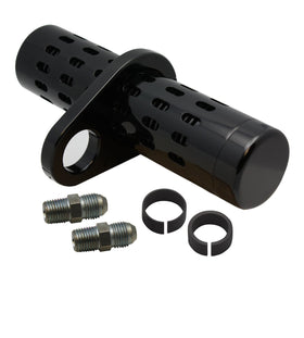 Black billet aluminum oil cooler #201050B for Harley-Davidson with universal clamp for 1 to 1-1/4 inch frame, includes two AN-style adapters and two split clamp rings