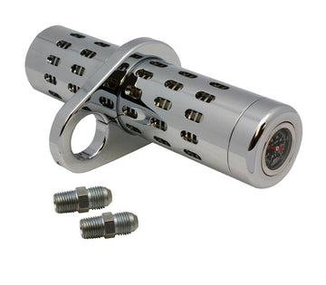 Chrome billet aluminum oil cooler with liquid temperature gauge, universal clamp for 1-1/2‑inch frame tube and two #6 AN fittings, fits Harley‑Davidson EVO