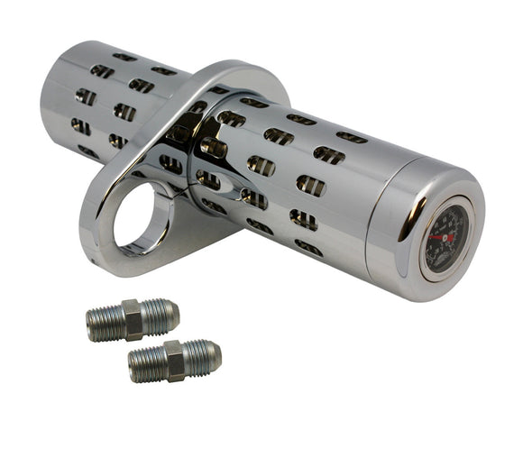 Chrome billet aluminum oil cooler with liquid temperature gauge, universal clamp for 1-1/2‑inch frame tube and two #6 AN fittings, fits Harley‑Davidson EVO