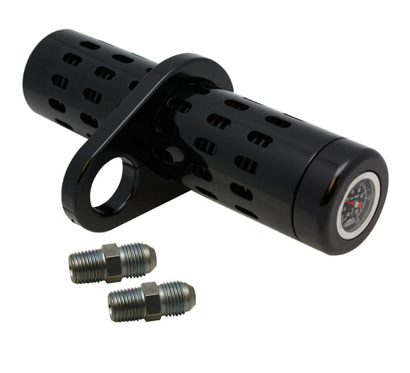 Black billet aluminum oil cooler with liquid temperature gauge, universal 1-1/2-inch frame clamp and two AN fittings, model #201100B for Harley-Davidson