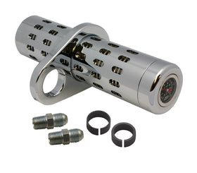 Chrome billet oil cooler with liquid temp gauge, clamp for 1 to 1-1/4 in motorcycle frame tube; includes two AN fittings