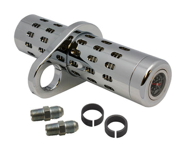Chrome billet oil cooler with liquid temp gauge, clamp for 1 to 1-1/4 in motorcycle frame tube; includes two AN fittings