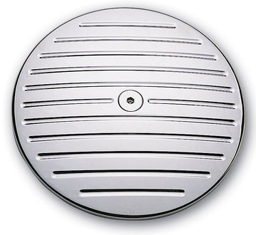 Billet chrome air cleaner cover with ball-milled horizontal grooves and center hex mount, CNC aluminum, fits 1984–1999 Harley-Davidson Big Twin, 6.28 in diameter