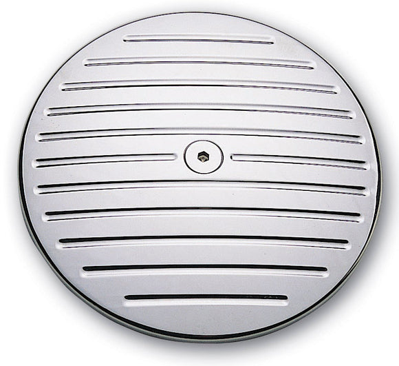 Billet chrome air cleaner cover with ball-milled horizontal grooves and center hex mount, CNC aluminum, fits 1984–1999 Harley-Davidson Big Twin, 6.28 in diameter