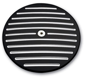 Black billet air cleaner cover, ball-milled with polished horizontal fins, for 1984-1999 Harley-Davidson Big Twin, 6.28 in diameter