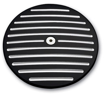 Black billet air cleaner cover, ball-milled with polished horizontal fins, for 1984-1999 Harley-Davidson Big Twin, 6.28 in diameter